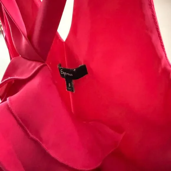 Hot pink ruffle blouse with adjustable criss cross strap, halter top style. - Picture 5 of 8